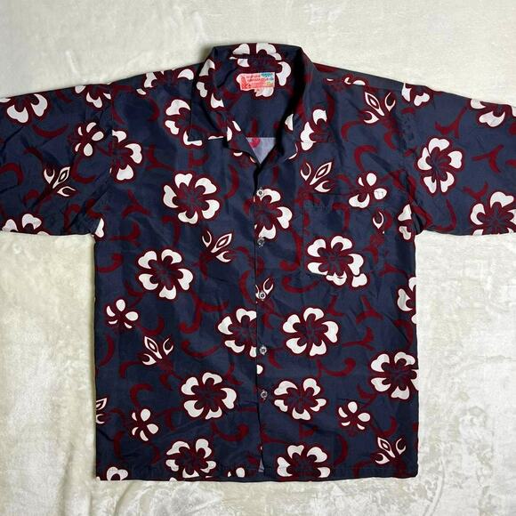 Vintage Hawaiian Shirt Mens L XL Gray White Crimson Flower Aloha Luau Pig Roast - Picture 3 of 8
